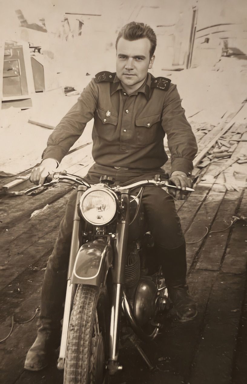Pranas Ličkus by a motorcycle